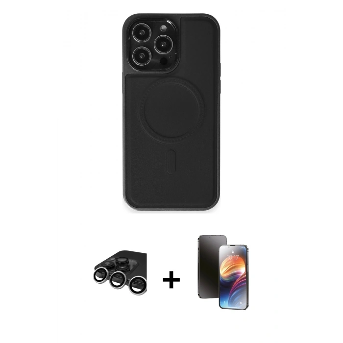 MARSİLYAN™- iPhone 15 Pro Max Kılıf Zirve Işık Serisi - Siyah 3D Antistatik Mat Seramik Nano Ekran Koruyucu + Gümüş Raze Metal Kamera Lens