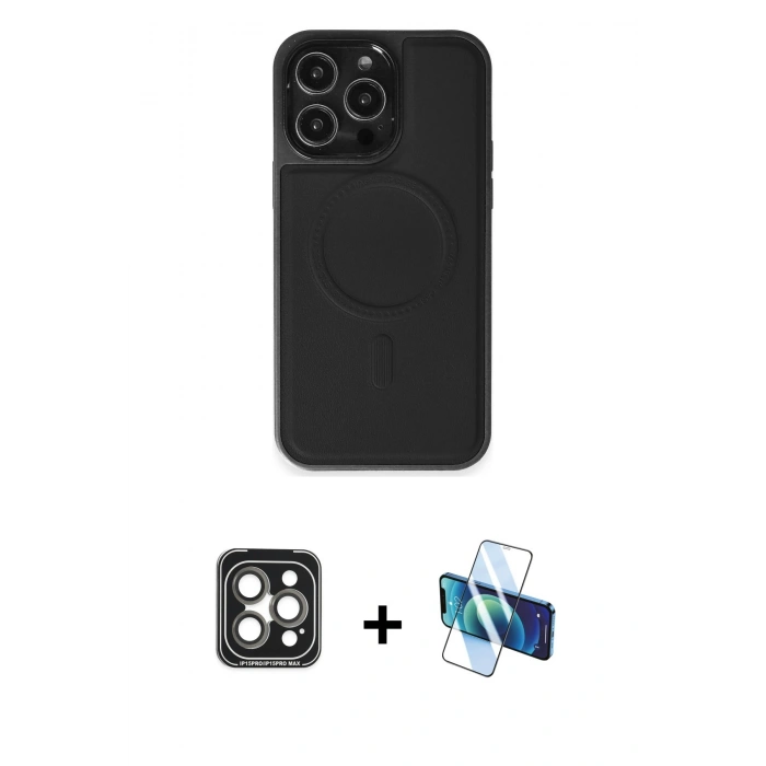 MARSİLYAN™- iPhone 15 Pro Max Kılıf Zirve Işık Serisi - Siyah 3D Antistatik Seramik Nano Ekran Koruyucu + PVD Metal Kamera Lens - GI