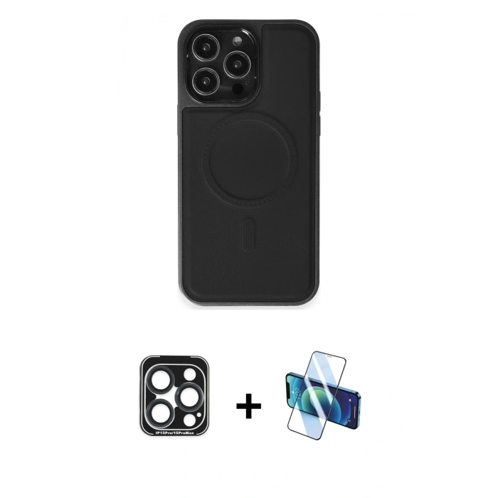 MARSİLYAN™- iPhone 15 Pro Max Kılıf Zirve Işık Serisi - Siyah 3D Antistatik Seramik Nano Ekran Koruyucu + PVD Metal Kamera Lens - LT