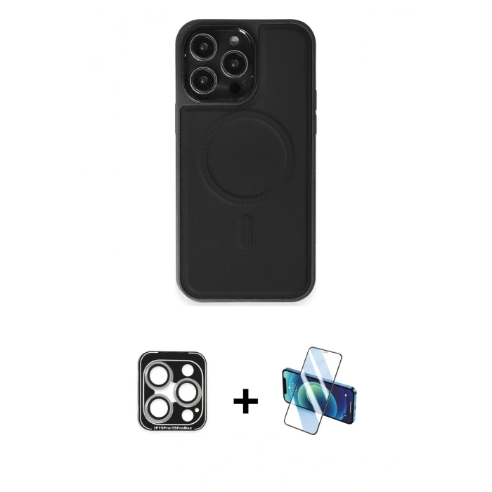 MARSİLYAN™- iPhone 15 Pro Max Kılıf Zirve Işık Serisi - Siyah 3D Antistatik Seramik Nano Ekran Koruyucu + PVD Metal Kamera Lens - GS