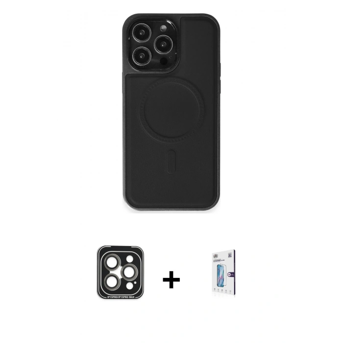 MARSİLYAN™- iPhone 15 Pro Max Kılıf Zirve Işık Serisi - Siyah Bilvis 0.18mm Plus Cam Ekran Koruyucu + PVD Metal Kamera Lens - GI