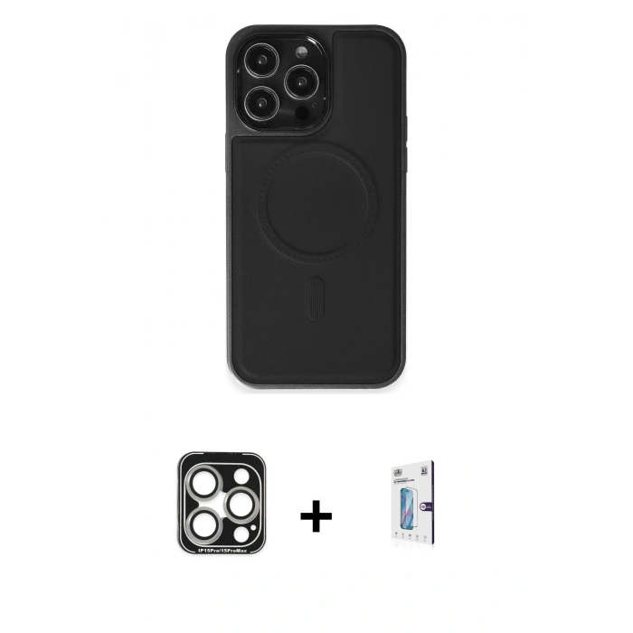 MARSİLYAN™- iPhone 15 Pro Max Kılıf Zirve Işık Serisi - Siyah Bilvis 0.18mm Plus Cam Ekran Koruyucu + PVD Metal Kamera Lens - GS