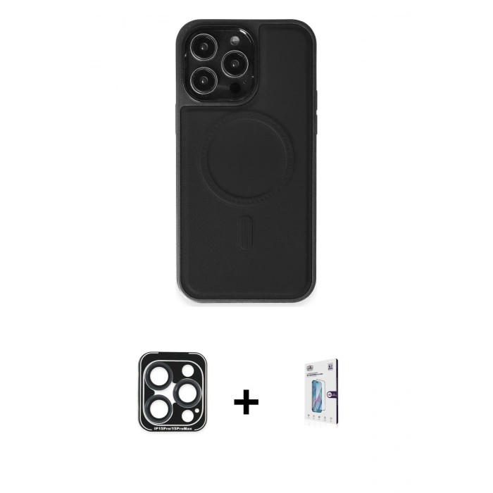 MARSİLYAN™- iPhone 15 Pro Max Kılıf Zirve Işık Serisi - Siyah Bilvis 0.18mm Plus Cam Ekran Koruyucu + PVD Metal Kamera Lens - LT