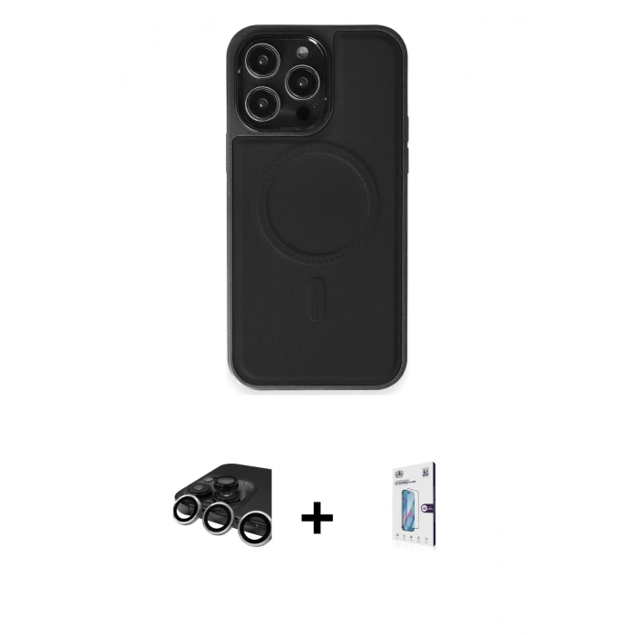 MARSİLYAN™- iPhone 15 Pro Max Kılıf Zirve Işık Serisi - Siyah Bilvis 0.18mm Plus Cam Ekran Koruyucu + Raze Metal Kamera Lens - GS