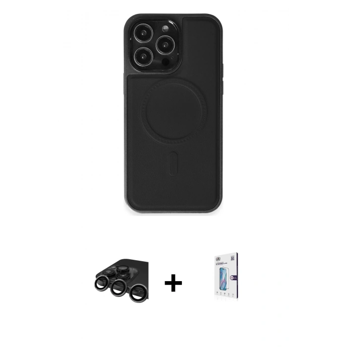 MARSİLYAN™- iPhone 15 Pro Max Kılıf Zirve Işık Serisi - Siyah Bilvis 0.18mm Plus Cam Ekran Koruyucu + Raze Metal Kamera Lens - TMGI