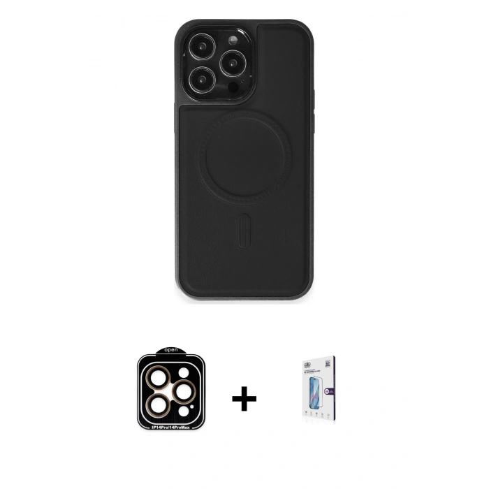 MARSİLYAN™- iPhone 15 Pro Max Kılıf Zirve Işık Serisi - Siyah Bilvis 0.18mm Plus Cam Ekran Koruyucu + PVD Metal Kamera Lens - TU