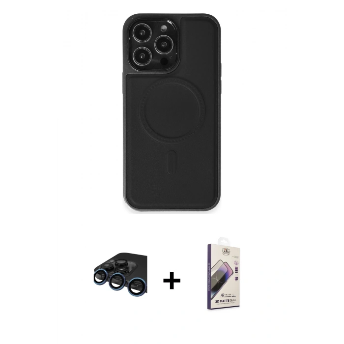 MARSİLYAN™- iPhone 15 Pro Max Kılıf Zirve Işık Serisi - Siyah Bilvis 3D Mat Cam Ekran Koruyucu + Raze Metal Kamera Lens - LT