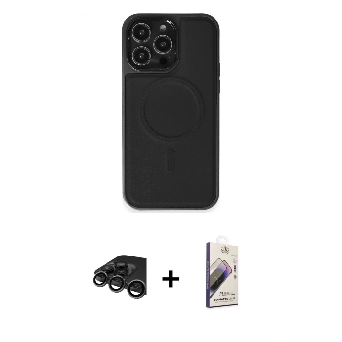 MARSİLYAN™- iPhone 15 Pro Max Kılıf Zirve Işık Serisi - Siyah Bilvis 3D Mat Cam Ekran Koruyucu + Raze Metal Kamera Lens - TMGI