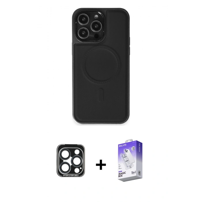 MARSİLYAN™- iPhone 15 Pro Max Kılıf Zirve Işık Serisi - Siyah Bilvis 5in1 3D Magic Cam Ekran Koruyucu + PVD Metal Kamera Lens - LT