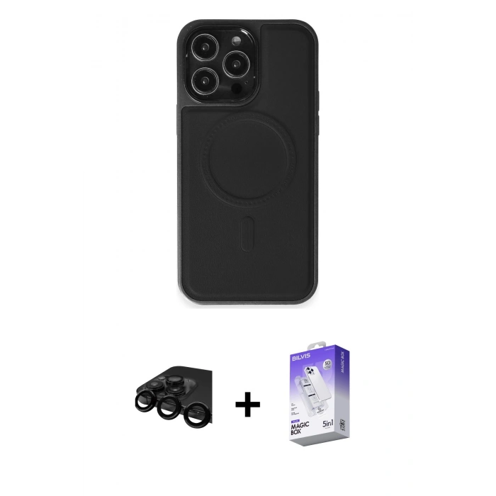 MARSİLYAN™- iPhone 15 Pro Max Kılıf Zirve Işık Serisi - Siyah Bilvis 5in1 3D Magic Cam Ekran Koruyucu + Raze Metal Kamera Lens - SH