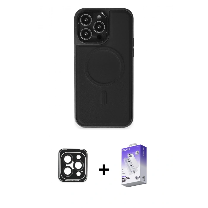 MARSİLYAN™- iPhone 15 Pro Max Kılıf Zirve Işık Serisi - Siyah Bilvis 5in1 3D Magic Cam Ekran Koruyucu + PVD Metal Kamera Lens - SH