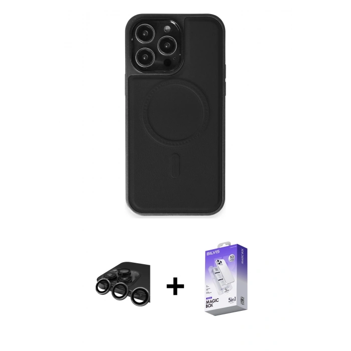 MARSİLYAN™- iPhone 15 Pro Max Kılıf Zirve Işık Serisi - Siyah Bilvis 5in1 3D Magic Cam Ekran Koruyucu + Raze Metal Kamera Lens - TMGI