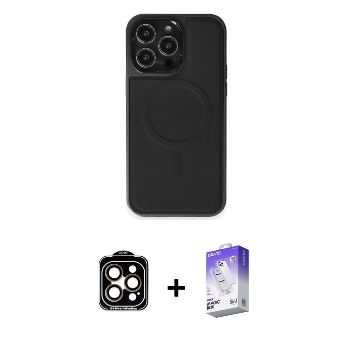 MARSİLYAN™- iPhone 15 Pro Max Kılıf Zirve Işık Serisi - Siyah Bilvis 5in1 3D Magic Cam Ekran Koruyucu + Turuncu PVD Metal Kamera Lens