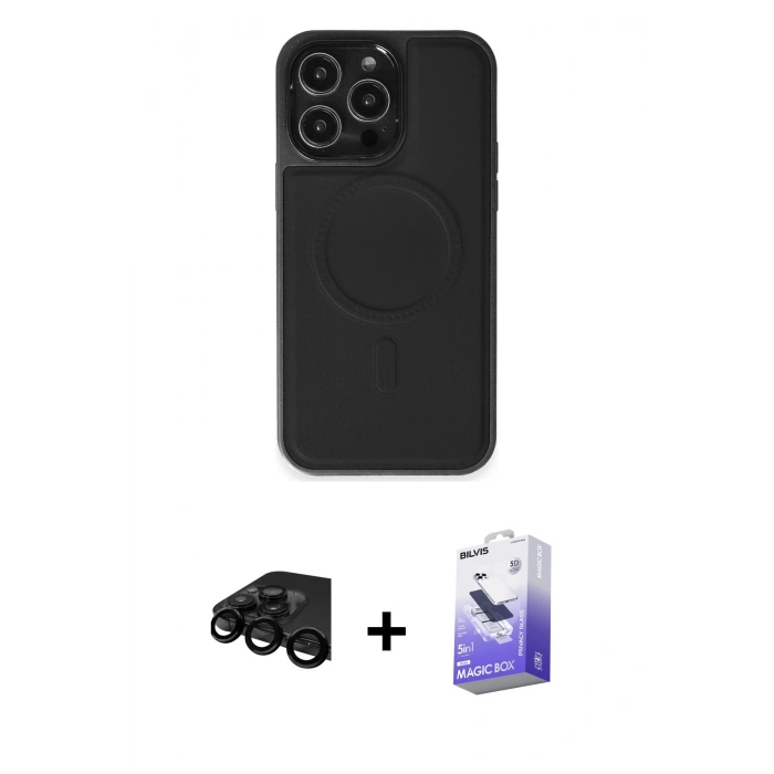 MARSİLYAN™- iPhone 15 Pro Max Kılıf Zirve Işık Serisi - Siyah Bilvis 5in1 5D Magic Hayalet Cam Ekran Koruyucu + Raze Metal Kamera Lens - SH