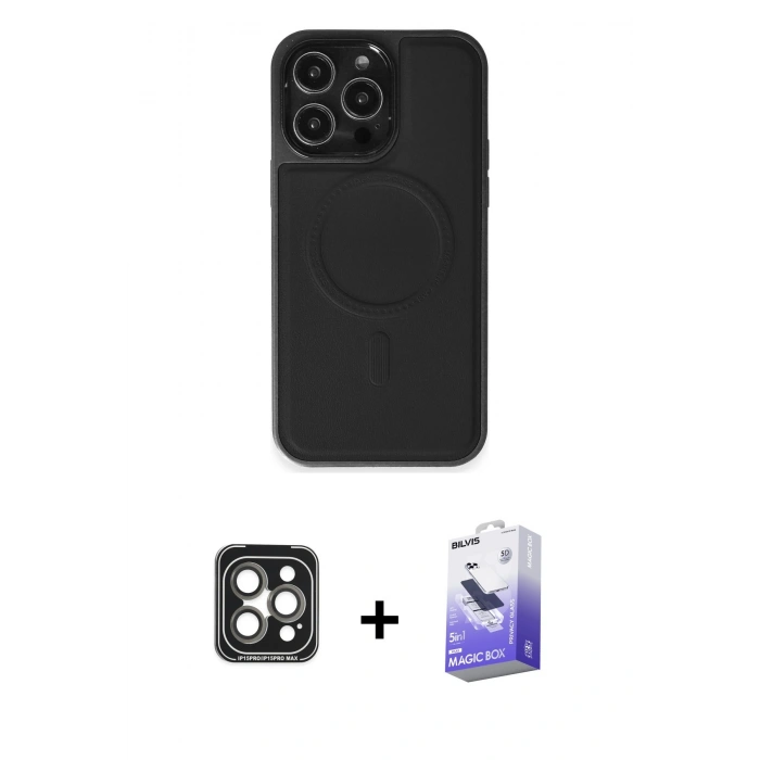 MARSİLYAN™- iPhone 15 Pro Max Kılıf Zirve Işık Serisi - Siyah Bilvis 5in1 5D Magic Hayalet Cam Ekran Koruyucu + PVD Metal Kamera Lens - GI