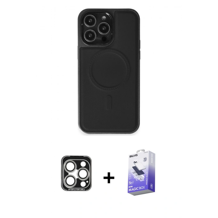MARSİLYAN™- iPhone 15 Pro Max Kılıf Zirve Işık Serisi - Siyah Bilvis 5in1 5D Magic Hayalet Cam Ekran Koruyucu + PVD Metal Kamera Lens - GS