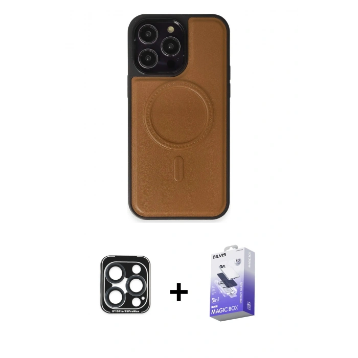 MARSİLYAN™- iPhone 15 Pro Max Kılıf Zirve Işık Serisi - Siyah Bilvis 5in1 5D Magic Hayalet Cam Ekran Koruyucu + Lacivert PVD Metal Kamera Lens