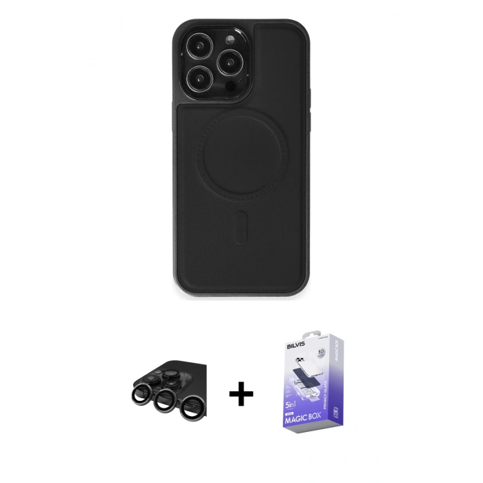 MARSİLYAN™- iPhone 15 Pro Max Kılıf Zirve Işık Serisi - Siyah Bilvis 5in1 5D Magic Hayalet Cam Ekran Koruyucu + Raze Metal Kamera Lens - TMGI