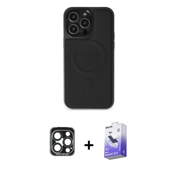 MARSİLYAN™- iPhone 15 Pro Max Kılıf Zirve Işık Serisi - Siyah Bilvis 5in1 5D Magic Hayalet Cam Ekran Koruyucu + Lacivert PVD Metal Kamera Lens