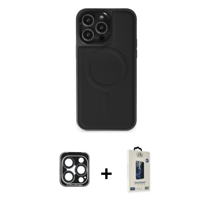 MARSİLYAN™- iPhone 15 Pro Max Kılıf Zirve Işık Serisi - Siyah Bilvis Hayalet Cam Ekran Koruyucu + PVD Metal Kamera Lens - LT