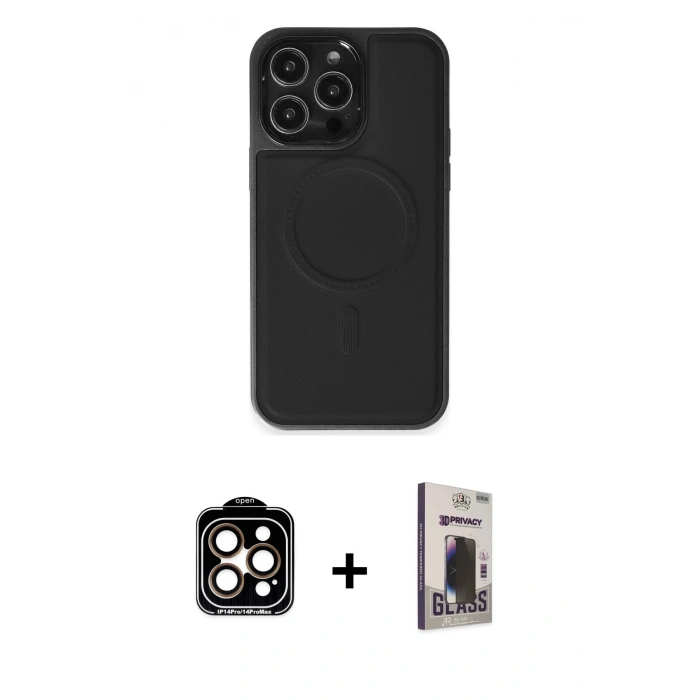 MARSİLYAN™- iPhone 15 Pro Max Kılıf Zirve Işık Serisi - Siyah Bilvis Hayalet Cam Ekran Koruyucu + PVD Metal Kamera Lens - TU