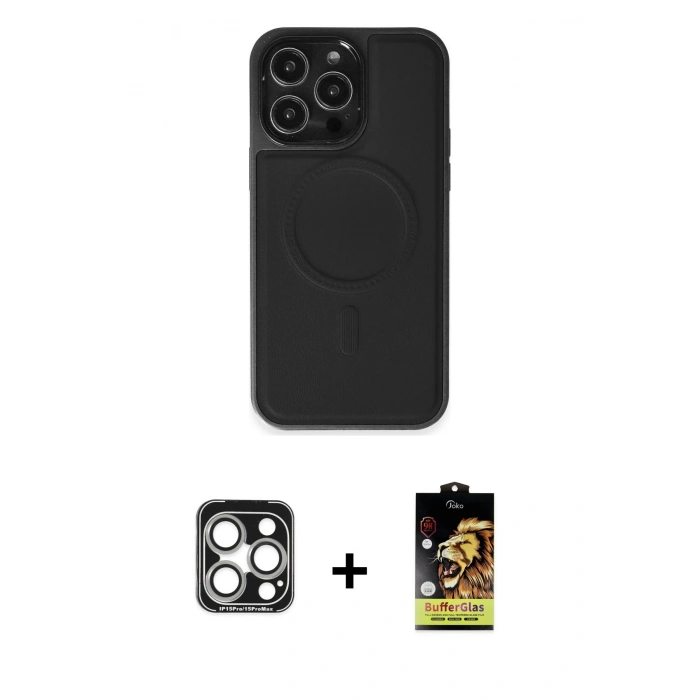 MARSİLYAN™- iPhone 15 Pro Max Kılıf Zirve Işık Serisi - Siyah Buffer Cam Ekran Koruyucu + PVD Metal Kamera Lens - GS