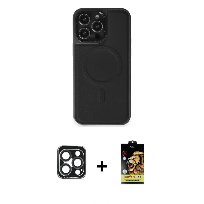 MARSİLYAN™- iPhone 15 Pro Max Kılıf Zirve Işık Serisi - Siyah Buffer Cam Ekran Koruyucu + PVD Metal Kamera Lens - LT