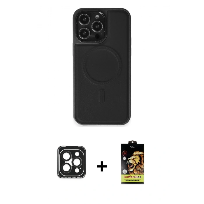 MARSİLYAN™- iPhone 15 Pro Max Kılıf Zirve Işık Serisi - Siyah Buffer Cam Ekran Koruyucu + PVD Metal Kamera Lens - SH