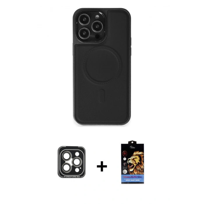 MARSİLYAN™- iPhone 15 Pro Max Kılıf Zirve Işık Serisi - Siyah Buffer Hayalet Cam Ekran Koruyucu + PVD Metal Kamera Lens - GI