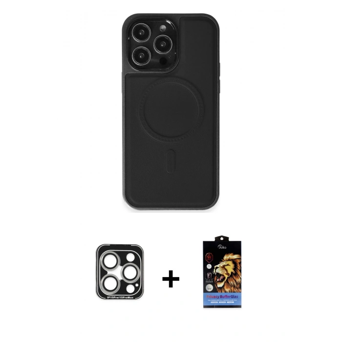 MARSİLYAN™- iPhone 15 Pro Max Kılıf Zirve Işık Serisi - Siyah Buffer Hayalet Cam Ekran Koruyucu + PVD Metal Kamera Lens - GS