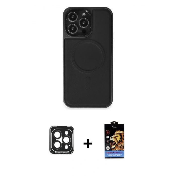 MARSİLYAN™- iPhone 15 Pro Max Kılıf Zirve Işık Serisi - Siyah Buffer Hayalet Cam Ekran Koruyucu + PVD Metal Kamera Lens - SH