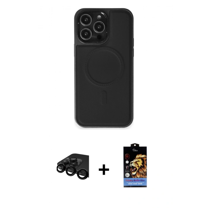 MARSİLYAN™- iPhone 15 Pro Max Kılıf Zirve Işık Serisi - Siyah Buffer Hayalet Cam Ekran Koruyucu + Raze Metal Kamera Lens - SH