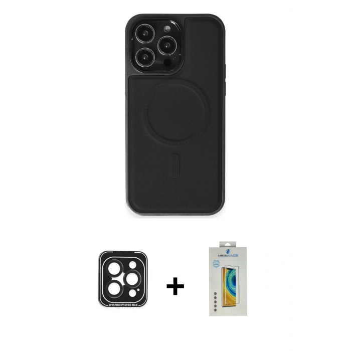 MARSİLYAN™- iPhone 15 Pro Max Kılıf Zirve Işık Serisi - Siyah Polymer Nano Ekran Koruyucu + PVD Metal Kamera Lens - SH