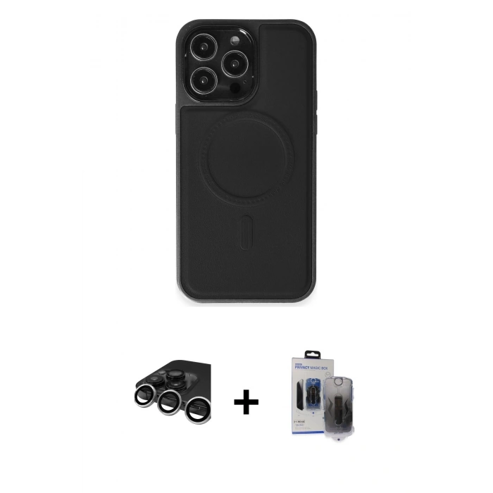 MARSİLYAN™- iPhone 15 Pro Max Kılıf Zirve Işık Serisi - Siyah Vanessa Magic Hayalet Cam + Raze Metal Kamera Lens - GS