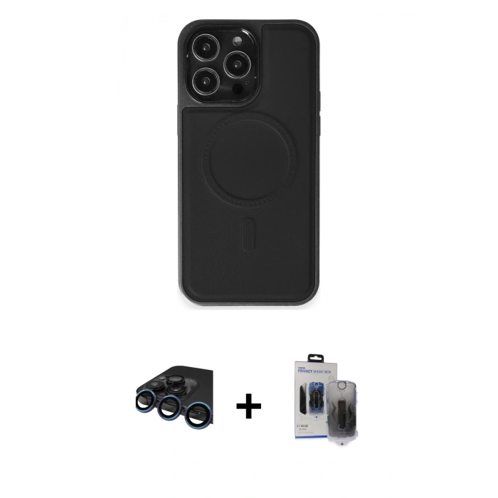 MARSİLYAN™- iPhone 15 Pro Max Kılıf Zirve Işık Serisi - Siyah Vanessa Magic Hayalet Cam + Lacivert Raze Metal Kamera Lens