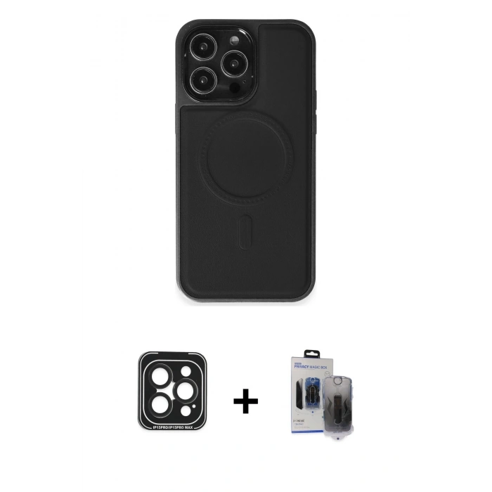 MARSİLYAN™- iPhone 15 Pro Max Kılıf Zirve Işık Serisi - Siyah Vanessa Magic Hayalet Cam + PVD Metal Kamera Lens - SH