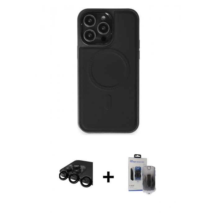 MARSİLYAN™- iPhone 15 Pro Max Kılıf Zirve Işık Serisi - Siyah Vanessa Magic Hayalet Cam + Raze Metal Kamera Lens - SH