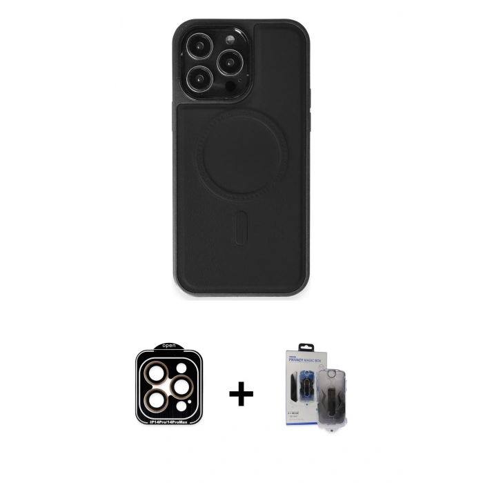 MARSİLYAN™- iPhone 15 Pro Max Kılıf Zirve Işık Serisi - Siyah Vanessa Magic Hayalet Cam + Turuncu PVD Metal Kamera Lens