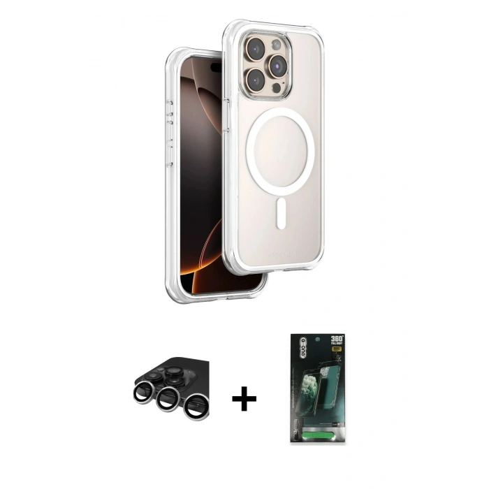 MARSİLYAN™- iPhone 15 Pro Max Kılıf Zirve Klasik Prime - Şeffaf 360 Full Body Arka Koruyucu + Raze Metal Kamera Lens - GS