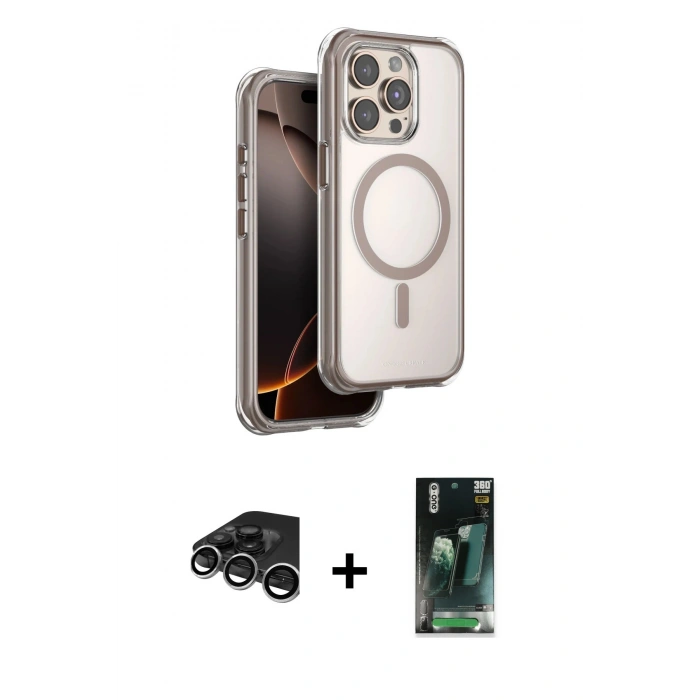 MARSİLYAN™- iPhone 15 Pro Max Kılıf Zirve Klasik Prime - Şeffaf 360 Full Body Arka Koruyucu + Raze Metal Kamera Lens - GS