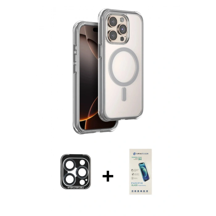 MARSİLYAN™- iPhone 15 Pro Max Kılıf Zirve Klasik Prime - Şeffaf Pasifik Cam Ekran Koruyucu + PVD Metal Kamera Lens - LT