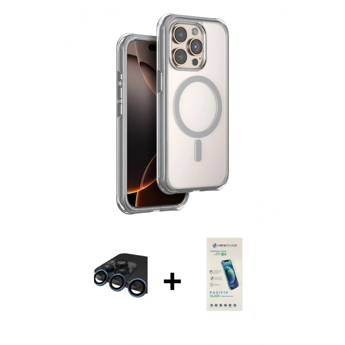 MARSİLYAN™- iPhone 15 Pro Max Kılıf Zirve Klasik Prime - Şeffaf Pasifik Cam Ekran Koruyucu + Raze Metal Kamera Lens - LT