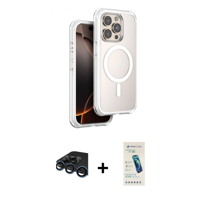 MARSİLYAN™- iPhone 15 Pro Max Kılıf Zirve Klasik Prime - Şeffaf Pasifik Cam Ekran Koruyucu + Raze Metal Kamera Lens - LT