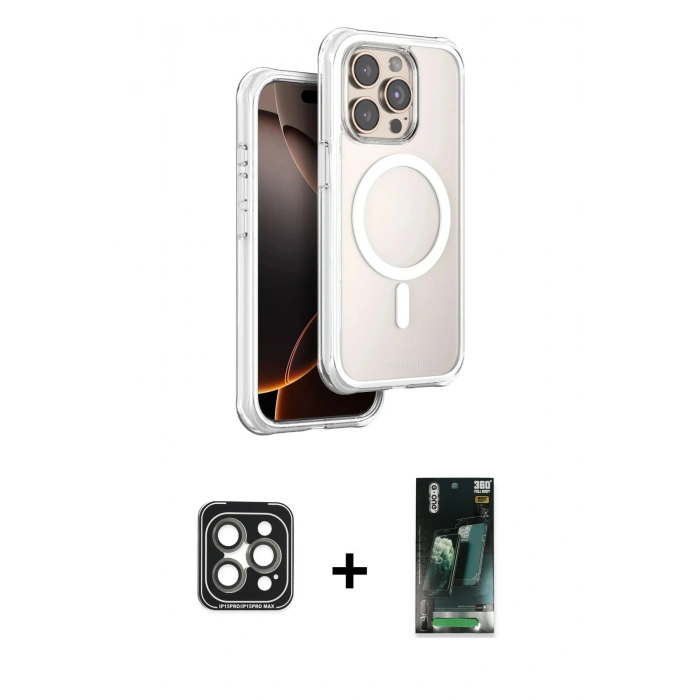 MARSİLYAN™- iPhone 15 Pro Max Kılıf Zirve Klasik Prime - Siyah 360 Mat Full Body Arka Koruyucu + PVD Metal Kamera Lens - GI