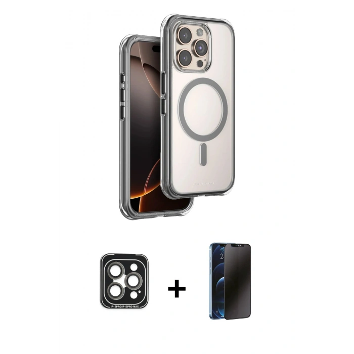 MARSİLYAN™- iPhone 15 Pro Max Kılıf Zirve Klasik Prime - Siyah 3D Antistatik Hayalet Cam Ekran Koruyucu + PVD Metal Kamera Lens - GI