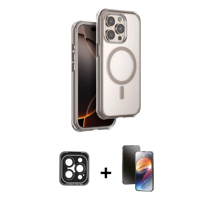 MARSİLYAN™- iPhone 15 Pro Max Kılıf Zirve Klasik Prime - Siyah 3D Antistatik Mat Seramik Nano Ekran Koruyucu + PVD Metal Kamera Lens - SH