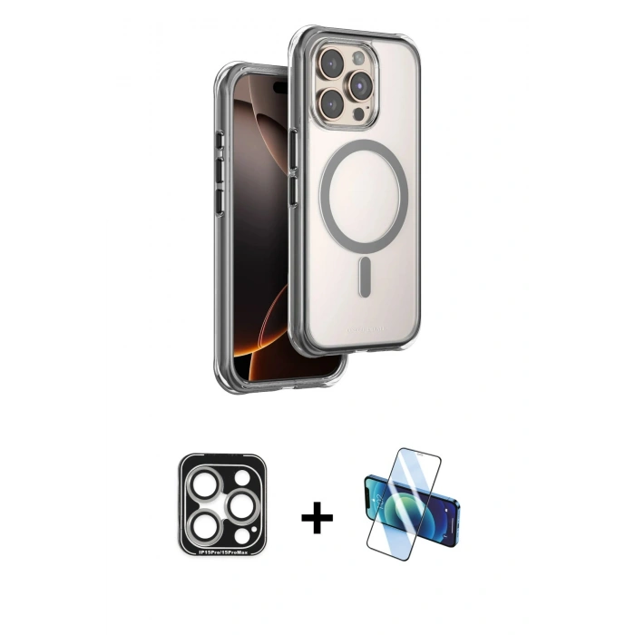 MARSİLYAN™- iPhone 15 Pro Max Kılıf Zirve Klasik Prime - Siyah 3D Antistatik Seramik Nano Ekran Koruyucu + PVD Metal Kamera Lens - GS