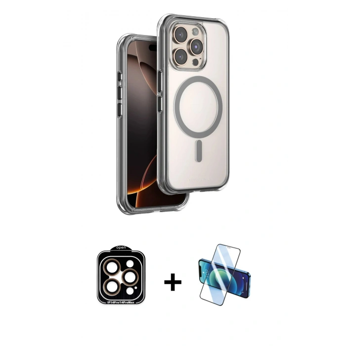 MARSİLYAN™- iPhone 15 Pro Max Kılıf Zirve Klasik Prime - Siyah 3D Antistatik Seramik Nano Ekran Koruyucu + PVD Metal Kamera Lens - TU