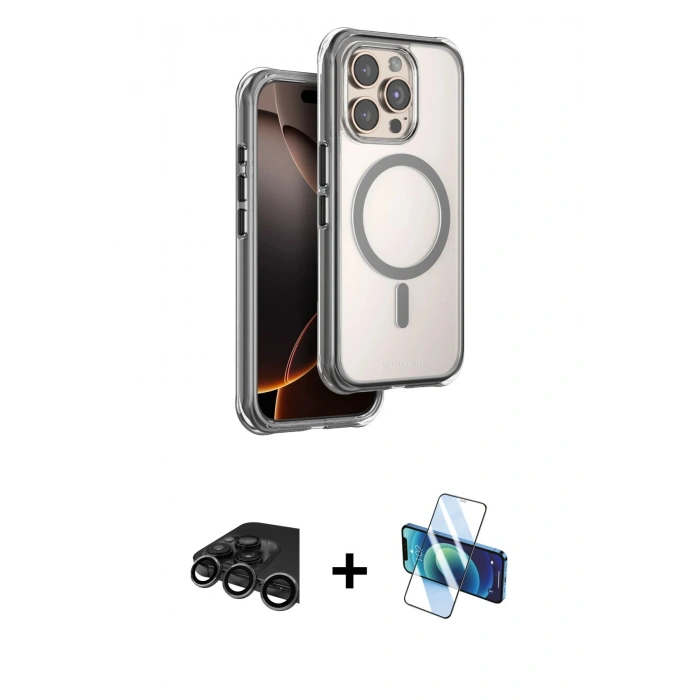 MARSİLYAN™- iPhone 15 Pro Max Kılıf Zirve Klasik Prime - Siyah 3D Antistatik Seramik Nano Ekran Koruyucu + Raze Metal Kamera Lens - TMGI