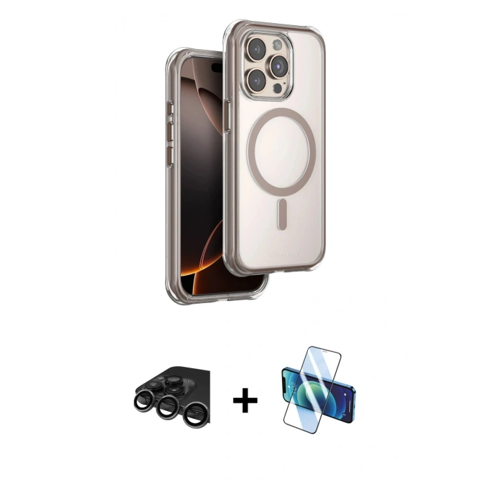 MARSİLYAN™- iPhone 15 Pro Max Kılıf Zirve Klasik Prime - Siyah 3D Antistatik Seramik Nano Ekran Koruyucu + Raze Metal Kamera Lens - TMGI